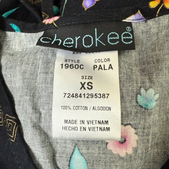 Cherokee Scrub Top XS Black Floral V-Neck Pockets Cotton Tie Waist Medical Vet - Picture 3 of 9